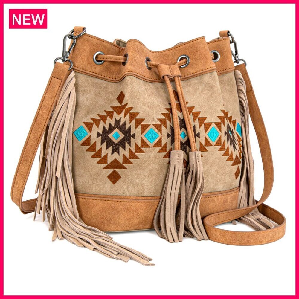 Western Fringe Crossbody Bag with Aztec Embroidery, Drawstring Bucket Purse